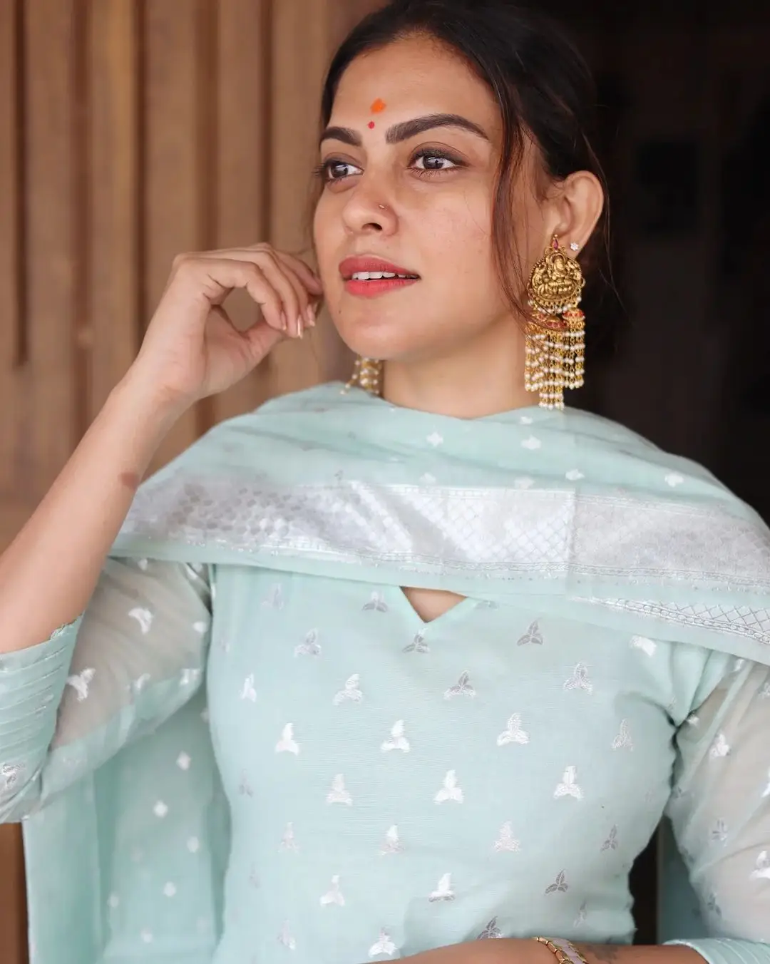 ANUSREE NAIR WEARING BEAUTIFUL EARRINGS JEWELLERY BLUE GOWN